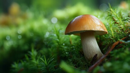 Mushroom growing on mossy ground in natural autumn forest with diffused light. AI generated.
