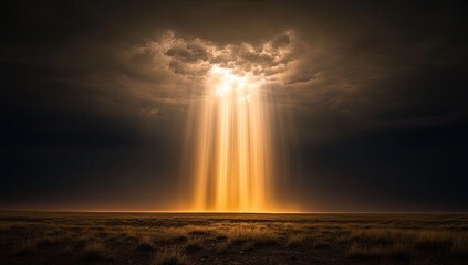 Golden light beams pierce dark clouds over a vast plain