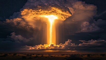 Fiery column erupts from ominous clouds over a desolate landscape