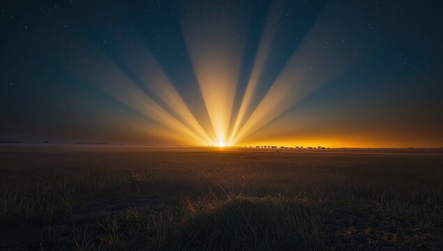 Sunrise rays over a misty field at night - Powered by Adobe