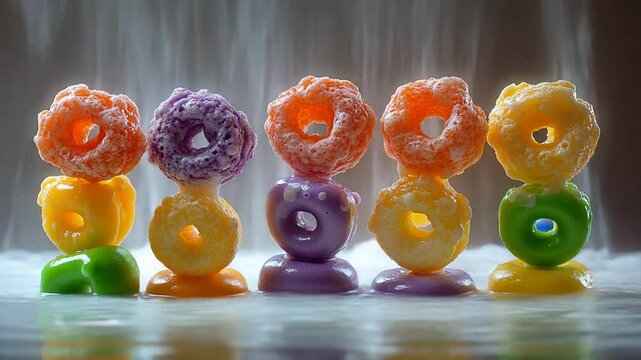 Colorful Cereal Rings with Food Photography, and Milk Background.