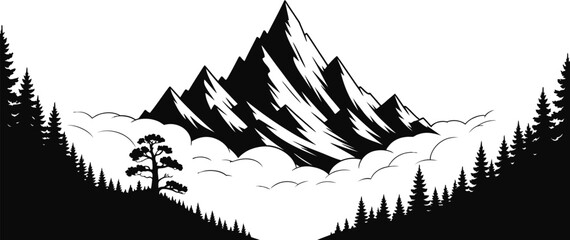Monochrome landscape with mountains, trees, and clouds in silhouette