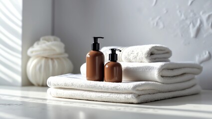 Mini bottles with cosmetic products and towels on table against light background. Hotel amenities