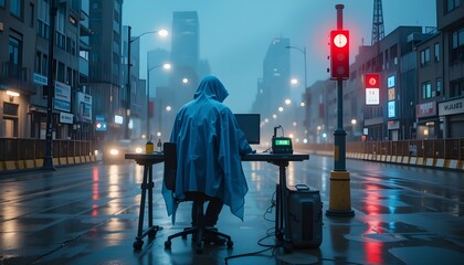 Rainy City Street Cyberpunk Scene featuring a hooded figure working at a desk