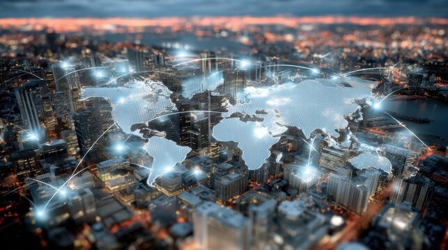 Global Network Over Cityscape at Dusk, Representing International Business Expansion and Digital Transformation, Connectedness and Worldwide Communication : Generative AI
