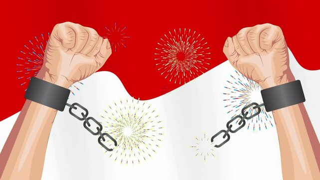 Animation of two fists breaking free from chains in front of the Indonesian flag and fireworks, symbolizing liberation and freedom.