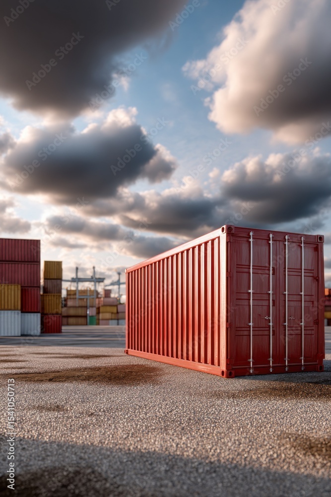 Poster red cargo container in shipping yard under cloudy sky, representing global trade and supply chain ma