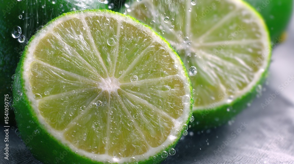 Poster close-up of fresh lime slices with water droplets, showcasing refreshment and healthy lifestyle choi