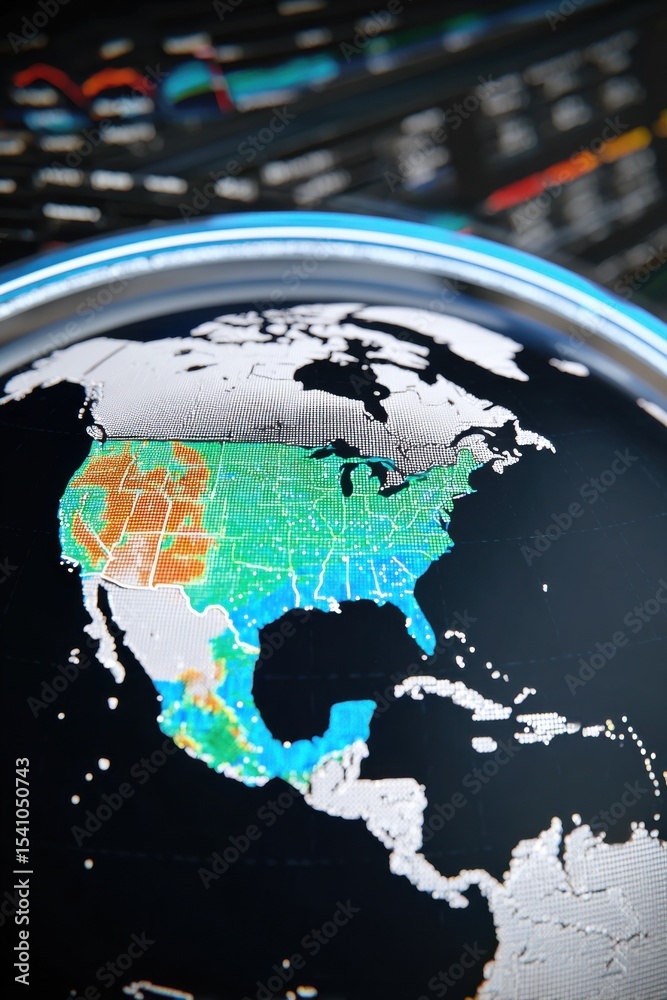 Poster globe displaying north america with weather patterns, illustrating climate change and environmental 