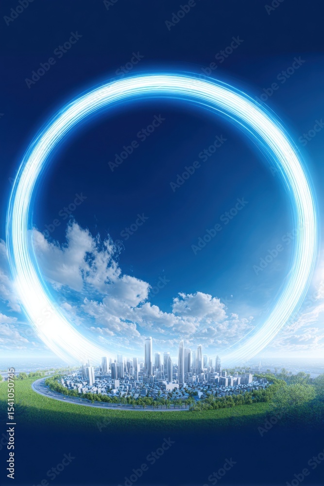 Poster futuristic cityscape under a glowing portal with blue sky, representing innovation and technological