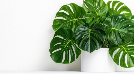 Collection of Tropical Leaves Concept. Lush Green Monstera Leaves in Minimalist White Pot Against Simple White Background for Home Decor
