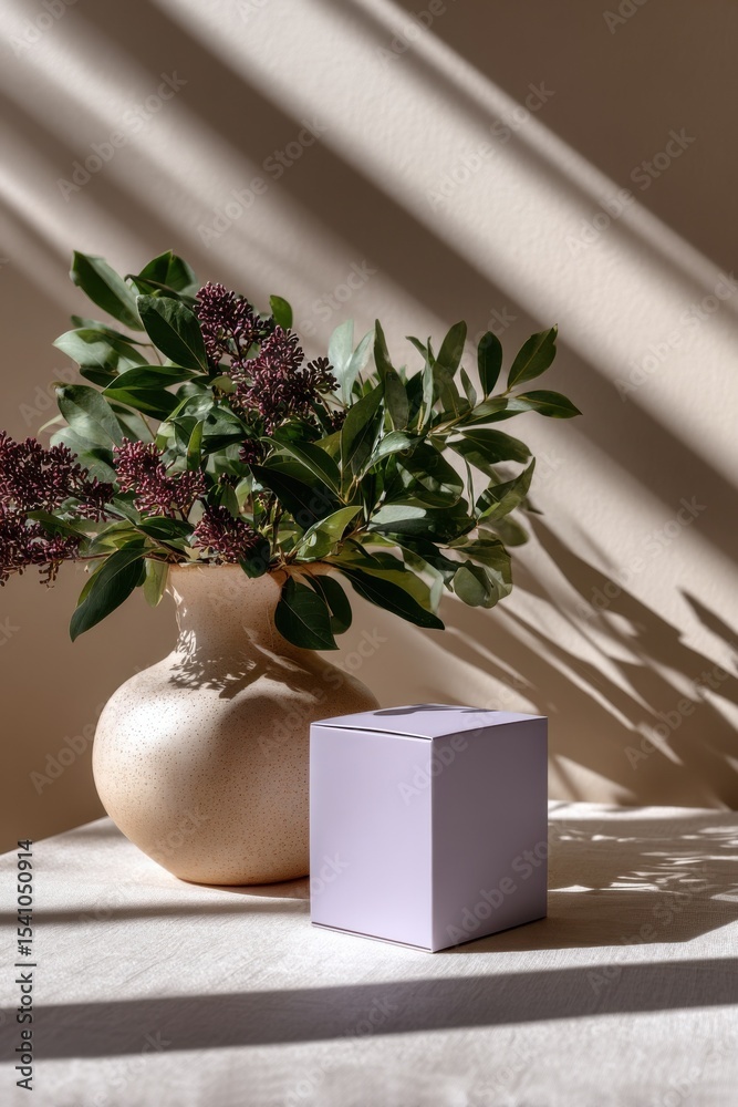 Poster minimalist still life with lilac box and flower arrangement, ideal for product mockups and promoting