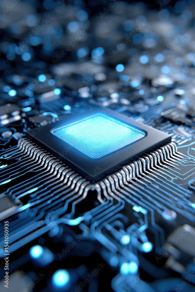 Aufkleber Illuminated Microchip on Circuit Board, Representing Technological Innovation and Digital Transformation in the Age of Artificial Intelligence : Generative AI