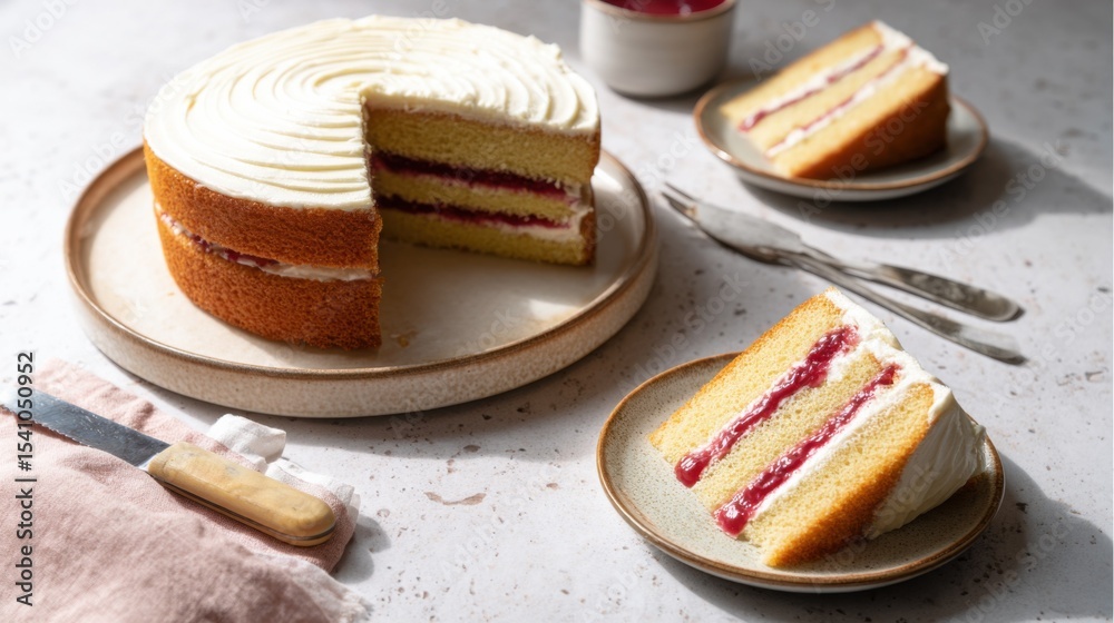 Poster layered cake with raspberry jam and cream cheese frosting, representing celebration and culinary ind