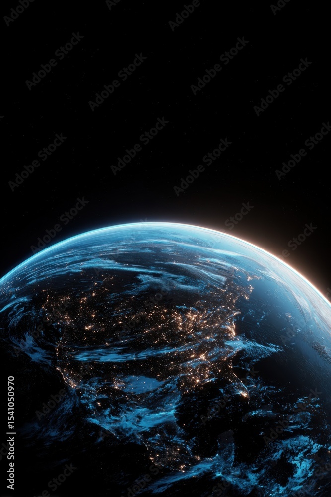 Poster earth from space showing city lights at night, representing global connectivity and technological ad