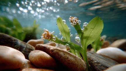 Underwater Plant With Bubbles Among River Stones, Symbolizing Natural Beauty and Environmental Awareness for Conservation Projects : Generative AI