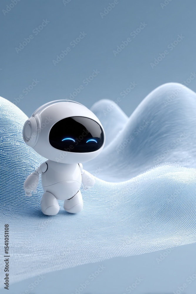 Poster cute white robot character standing on textured blue hills, symbolizing artificial intelligence and 