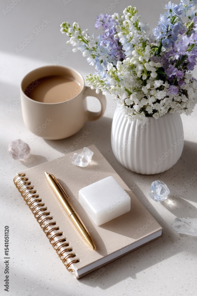 Poster Flowers in Vase With Coffee and Notebook on Desk, Representing Creativity and Productivity in a Calm Workspace for Content Creation and Relaxation : Generative AI