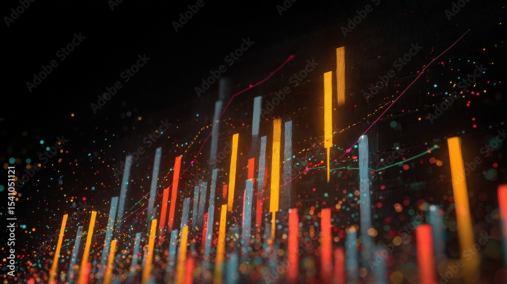 Poster abstract financial graph with rising bars and colorful particles, representing market growth and inv
