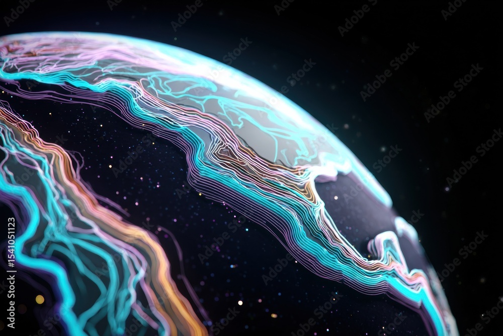 Aufkleber Abstract Earth Globe With Glowing Topographic Lines, Emphasizing Global Connectivity and Technological Advancement in Data Visualization : Generative AI