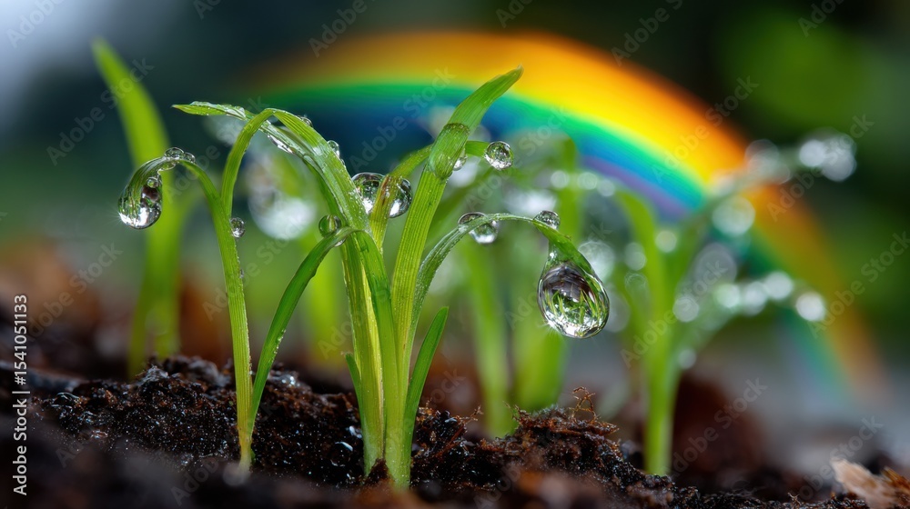 Poster close-up of seedlings with water droplets reflecting rainbow, illustrating growth and environmental 