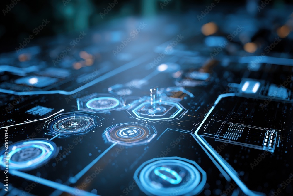 Poster Futuristic Circuit Board With Glowing Blue Elements, Representing Innovation and Technological Advancement for Digital Transformation : Generative AI