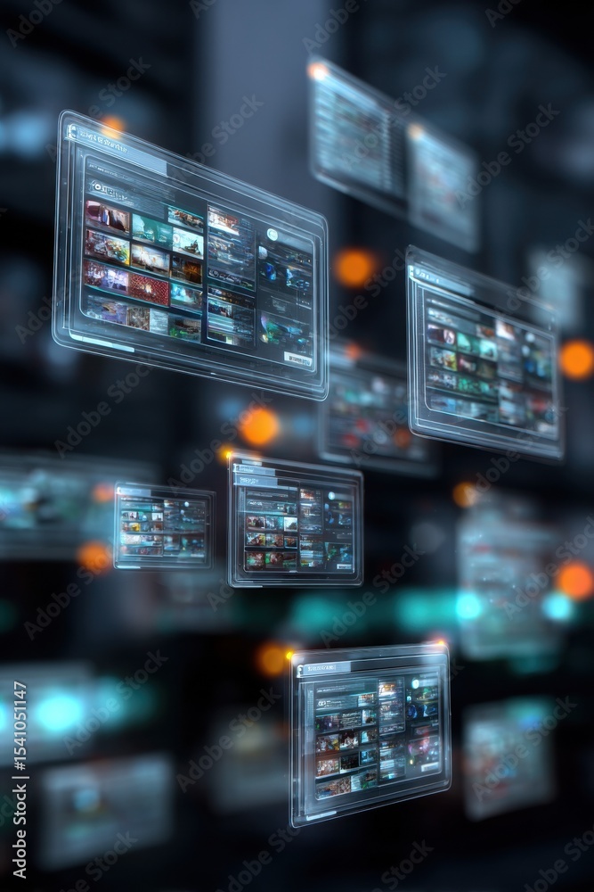 Poster Floating Digital Screens Displaying Content, Representing Connectivity and Digital Transformation in the Metaverse Era : Generative AI