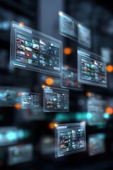 Fototapeta premium Floating Digital Screens Displaying Content, Representing Connectivity and Digital Transformation in the Metaverse Era : Generative AI