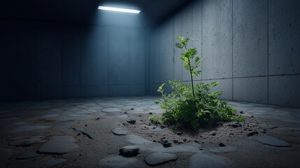 Plant growing through urban concrete spotlight emphasizing growth. AI generated