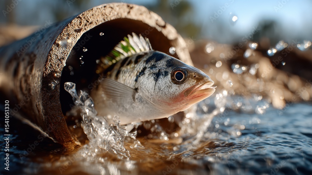 Poster fish leaping from pipe into water, symbolizing environmental renewal and ecosystem recovery for cons