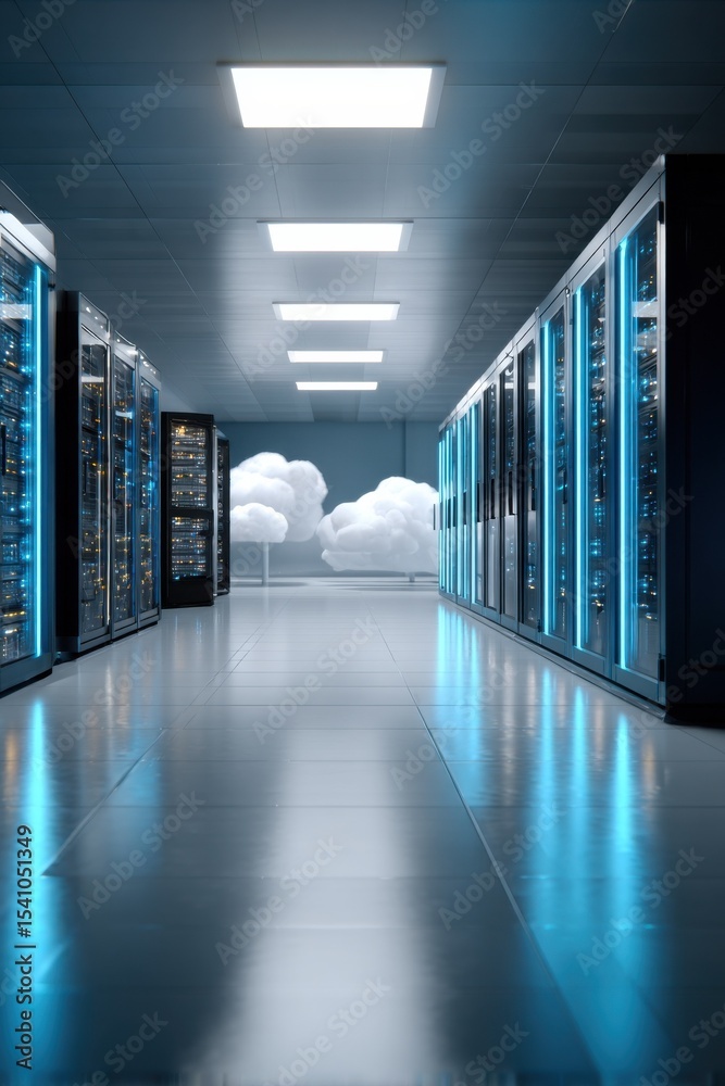 Aufkleber Server Room With Clouds Representing Cloud Computing and Data Storage, Ideal for Technology Solutions and Digital Transformation Projects : Generative AI