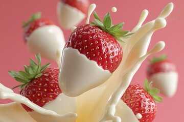 Close-Up of Strawberries Dipped in Cream With Splash, Representing Indulgence and Decadent Dessert Recipes, Perfect for Food Blogging and Online Marketing : Generative AI