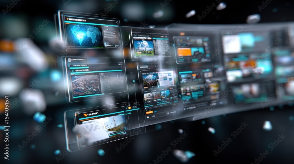 Aufkleber Futuristic Floating Screens Displaying Web Pages, Ideal for Digital Transformation and Modern Technology Solutions, Showcasing Connectivity and Innovation : Generative AI