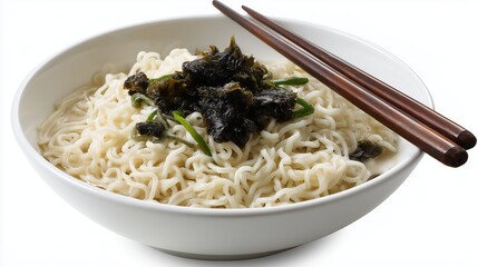 Ramen noodles in bowl with seaweed and chopsticks food photography. AI generated.