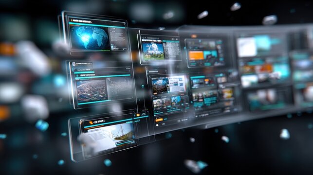 Futuristic Floating Screens Displaying Web Pages, Ideal for Digital Transformation and Modern Technology Solutions, Showcasing Connectivity and Innovation : Generative AI