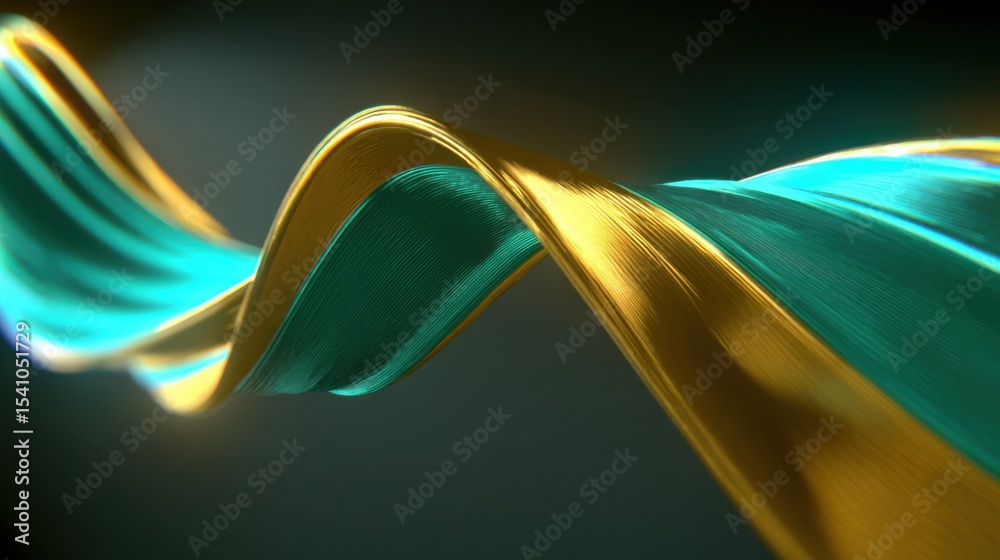 Poster abstract turquoise and gold ribbon wave against dark backdrop, symbolizing innovation and technologi