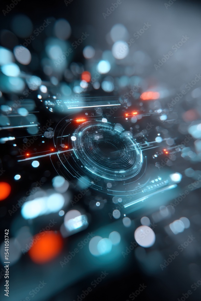 Poster abstract futuristic technology interface with glowing circles, representing digital transformation a