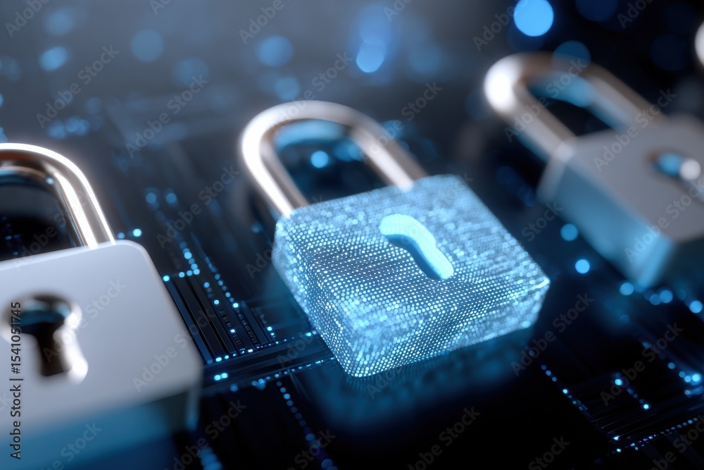 Poster digital padlocks on circuit board representing cybersecurity, data protection, and network security 