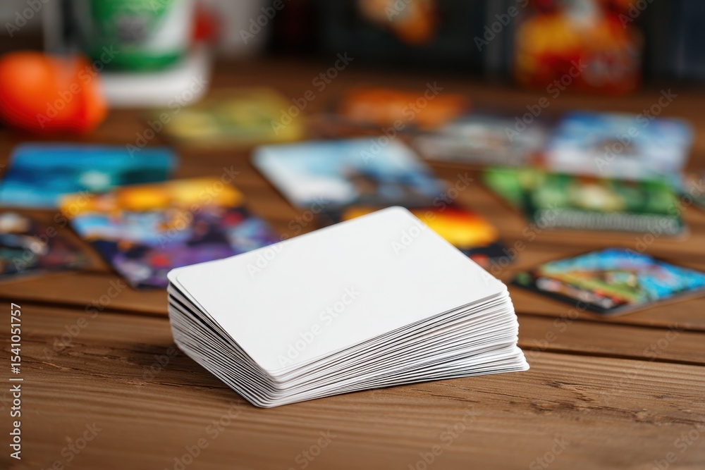 Poster stack of blank white cards on wooden table, ideal for mockups, strategy, and creative brainstorming 