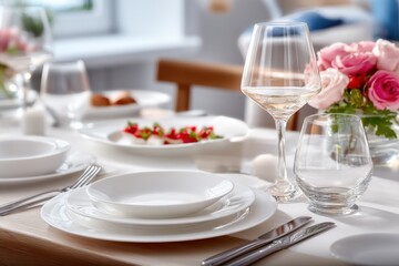 Fototapeta premium Elegant Table Setting With Wine Glasses and Roses, Perfect for Food Bloggers and Catering Services Showcasing Fine Dining : Generative AI