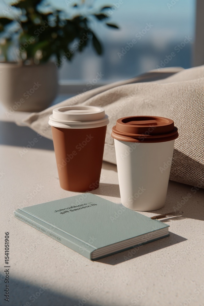 Poster Two Coffee Cups and a Notebook on a Desk, Representing Morning Routine and Productivity in Remote Work and Freelancing : Generative AI