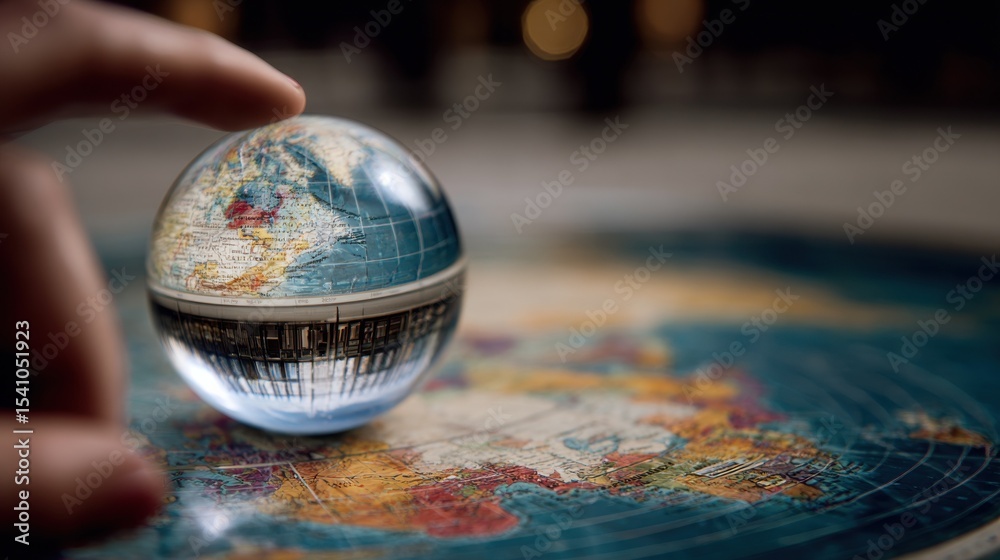 Poster finger touching glass globe on map, representing global business and international expansion, emphas