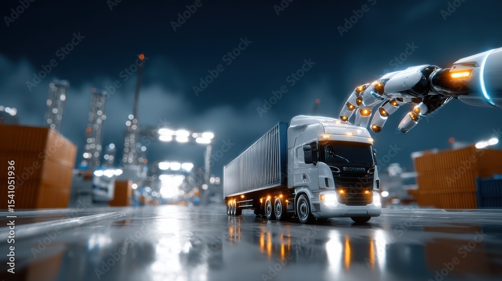 Poster Autonomous Truck Being Controlled by Robot Arm in a Futuristic Warehouse, Representing Logistics Automation and Supply Chain Optimization : Generative AI