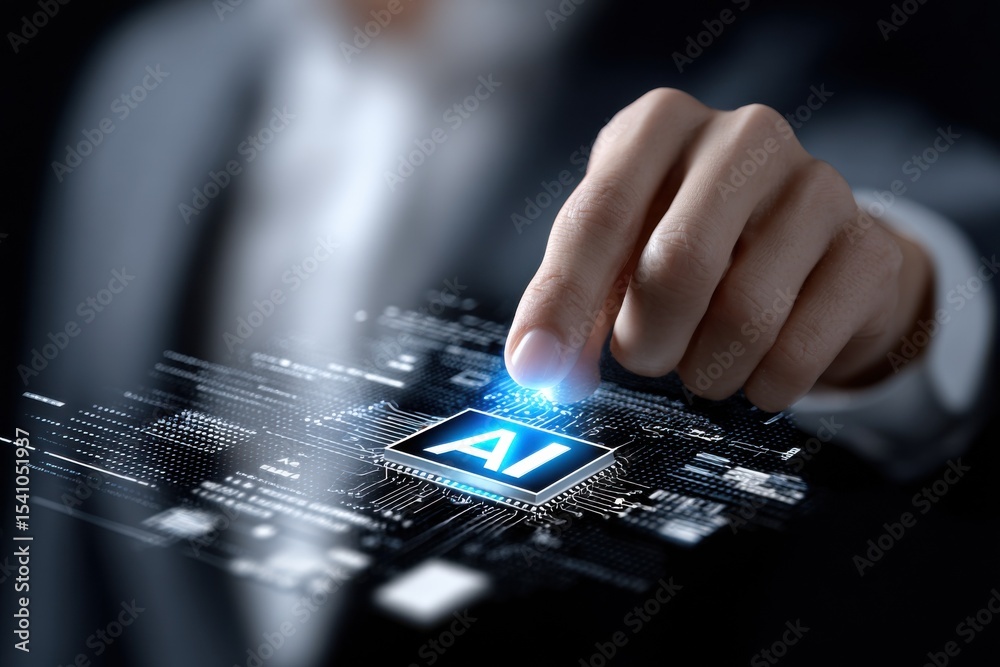 Poster finger touching glowing ai chip on circuit board, representing digital transformation and technologi