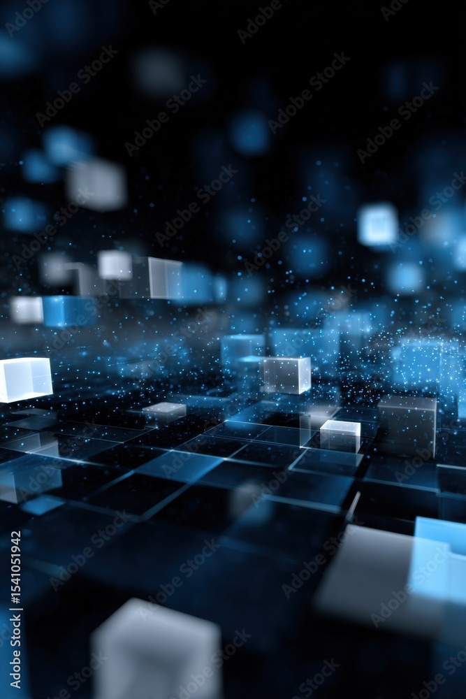 Poster Futuristic Grid With Floating Cubes and Blue Particles, Representing Innovation and Digital Transformation in Technology Solutions : Generative AI