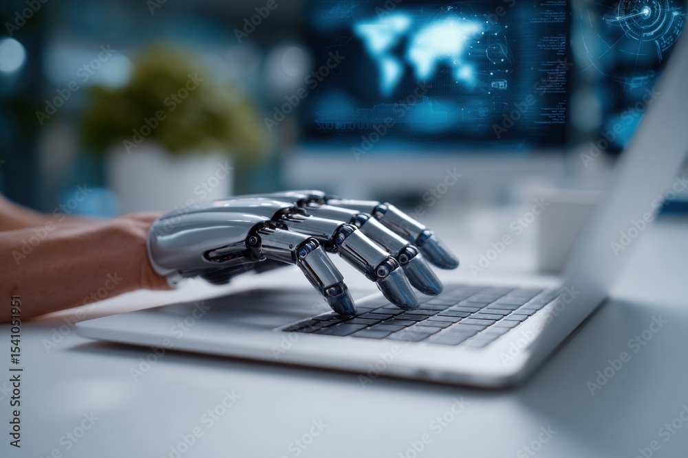 Poster robotic hand typing on laptop with world map hologram, representing artificial intelligence and digi