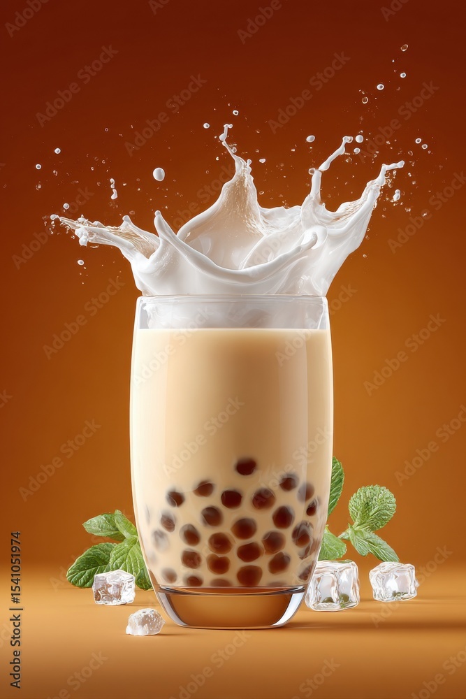 Poster refreshing boba tea with milk splash in glass, representing indulgence and culinary presentation for