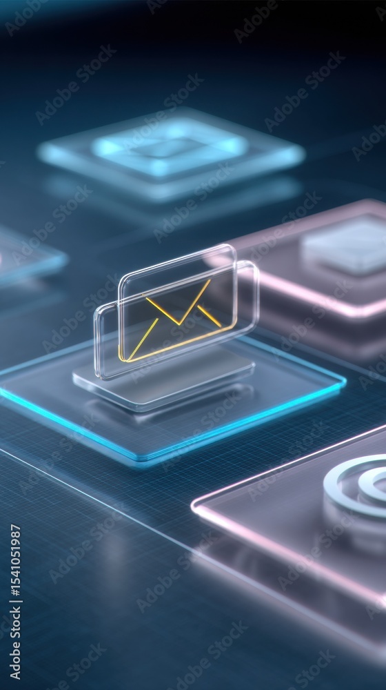Poster glowing email icon on glassy platform, representing digital communication and technology solutions f