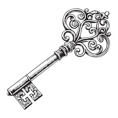 Intricate Antique Key Illustration with Ornate Details and Vintage Charm Perfect for Design Elements and Historical Projects