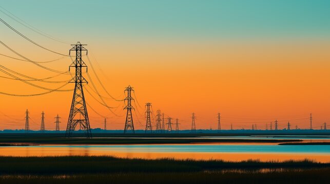 Renewable energy power lines illuminate orange sunset sky landscape. AI generated.